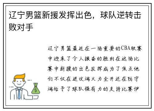 辽宁男篮新援发挥出色，球队逆转击败对手